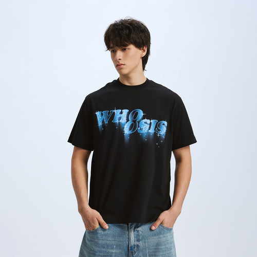 WHOOSIS（不知其名） 幻影闪光烫钻短袖T恤运动夏季宽松印花圆领