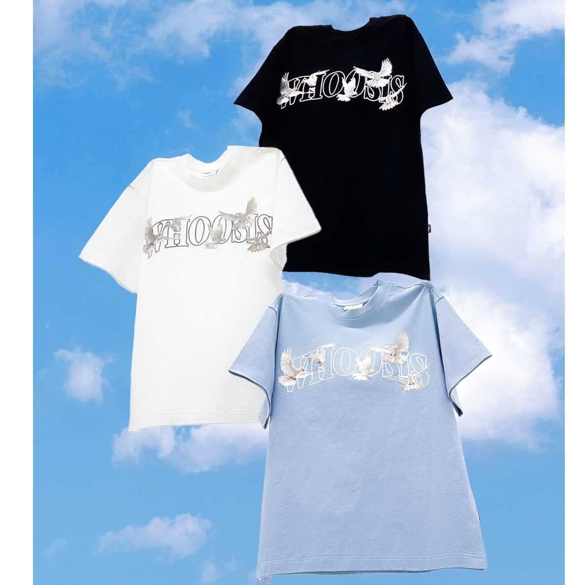 WHOOSIS（不知其名）白鸽刺绣短袖T恤夏季上衣宽松美式潮校园男女