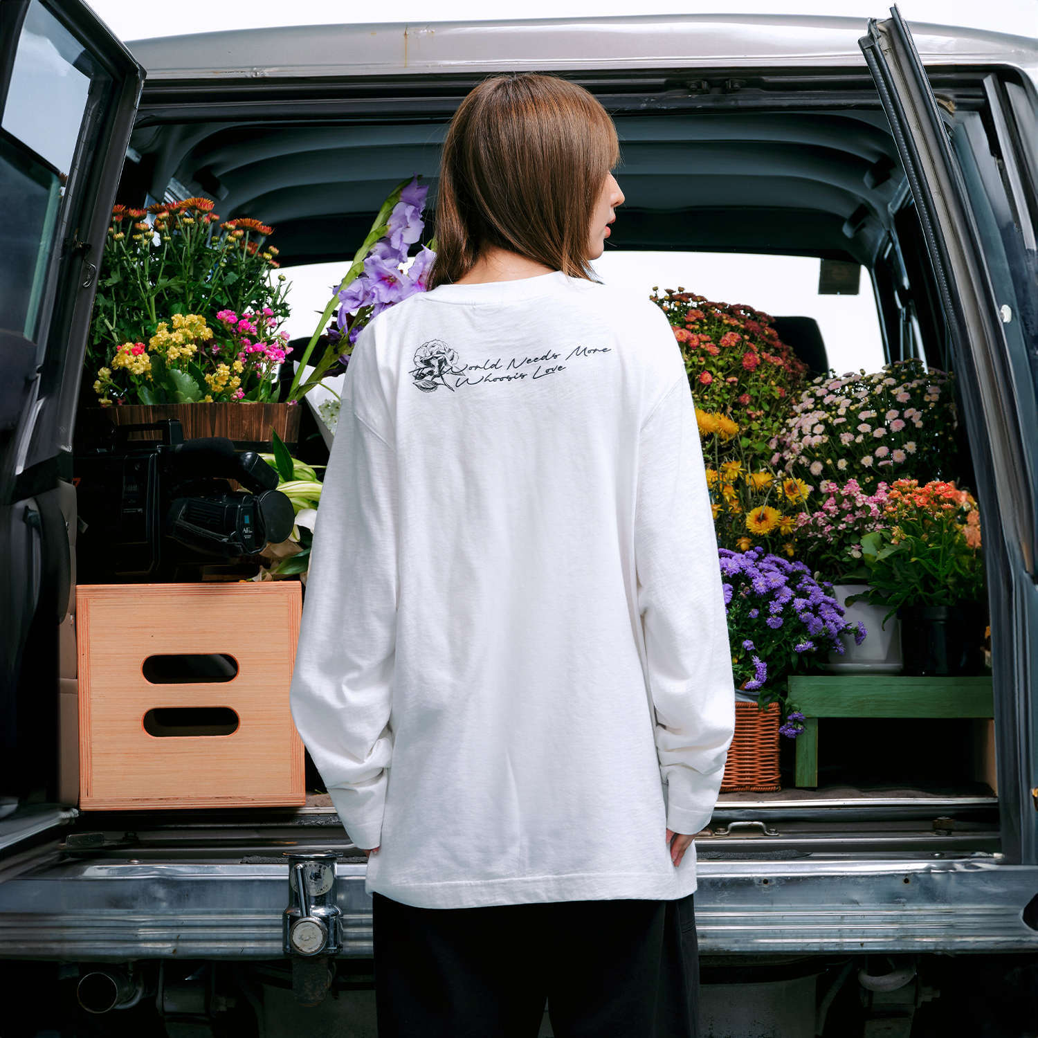 WHOOSIS(不知其名)素描玫瑰竹节棉长袖T恤秋季打底圆领休闲男女