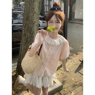 夏季 小个子减龄衬衣 女装 百搭洋气衬衫 韩系娃娃领蕾丝花边上衣短袖