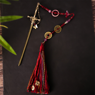 国风长流苏宝剑发簪红绳舞剑复古道友剑簪子步摇流苏可做腰佩禁步