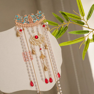 复古明制汉服配饰后压古风珍珠步摇流苏发夹烧蓝发冠战国袍头饰