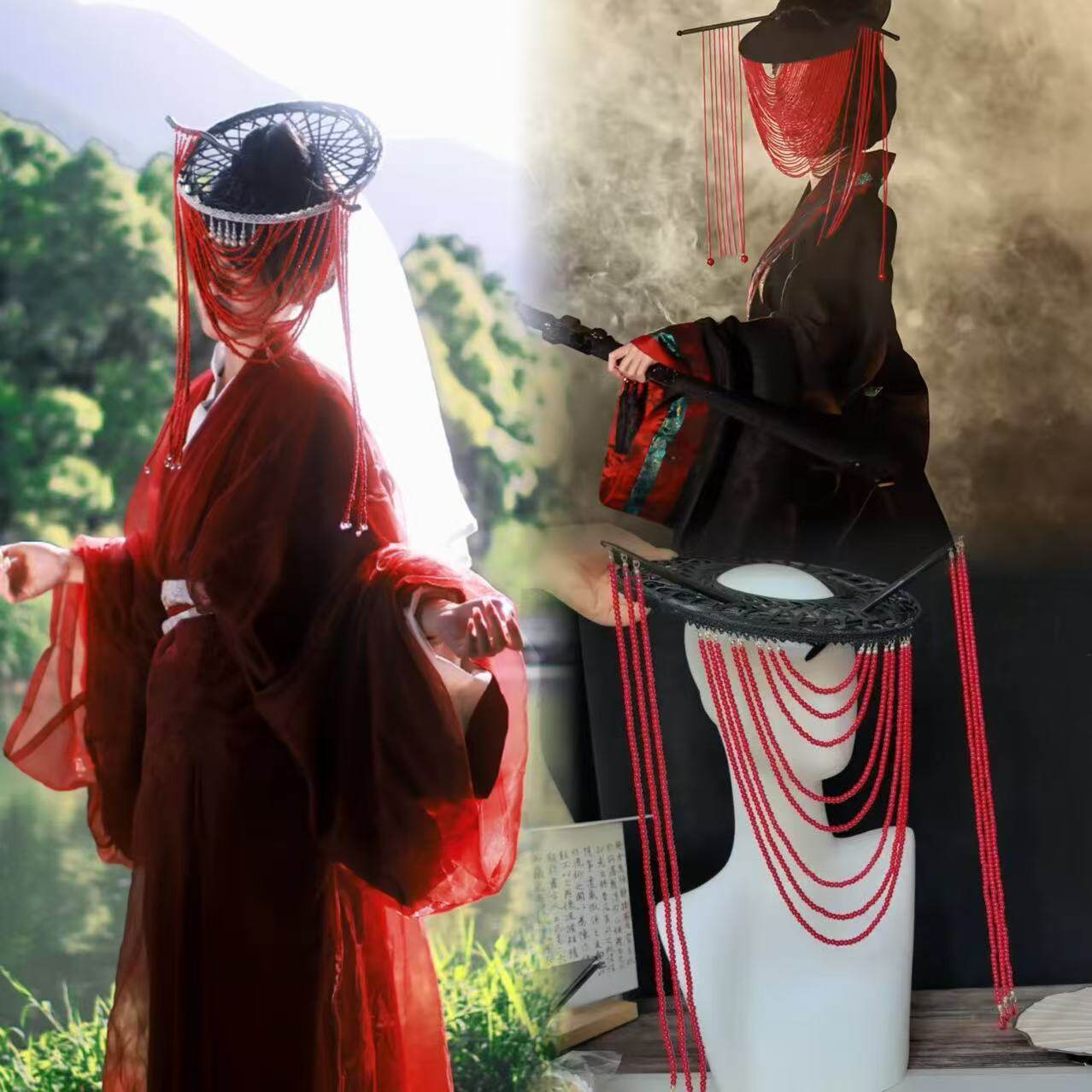 古风秦汉战国帷帽cos阿若公主红珠子流苏斗笠汉服配饰发簪头饰品