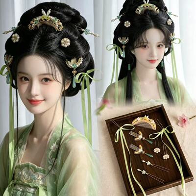 古风超仙绿色全套头饰小唐风汉服发冠飘带流苏发钗发梳掩鬓配饰品