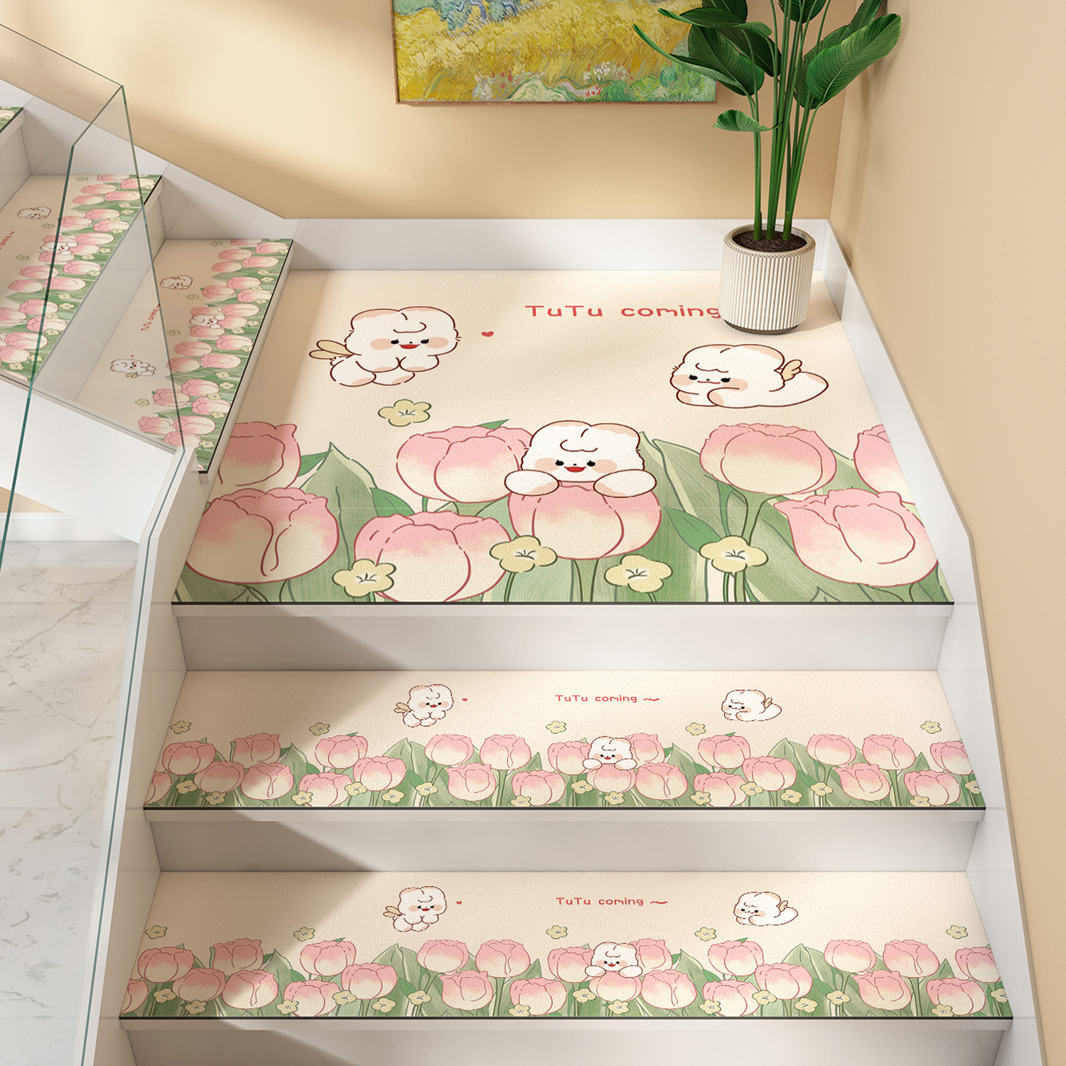 速发花卉楼梯踏步垫可擦洗家用室内高级台阶梯滑垫免洗步防硅藻泥