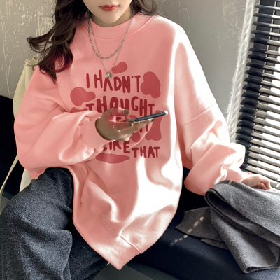 速发多e胺穿搭粉色卫衣ov巴rsize大码宽松遮肚衣上外套
