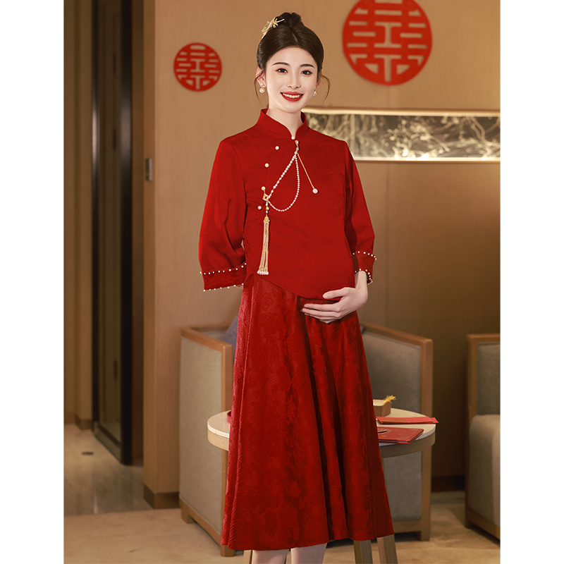 速发服妇敬酒孕新娘红大旗袍新中式晨袍遮肚子色码订婚礼服裙回门