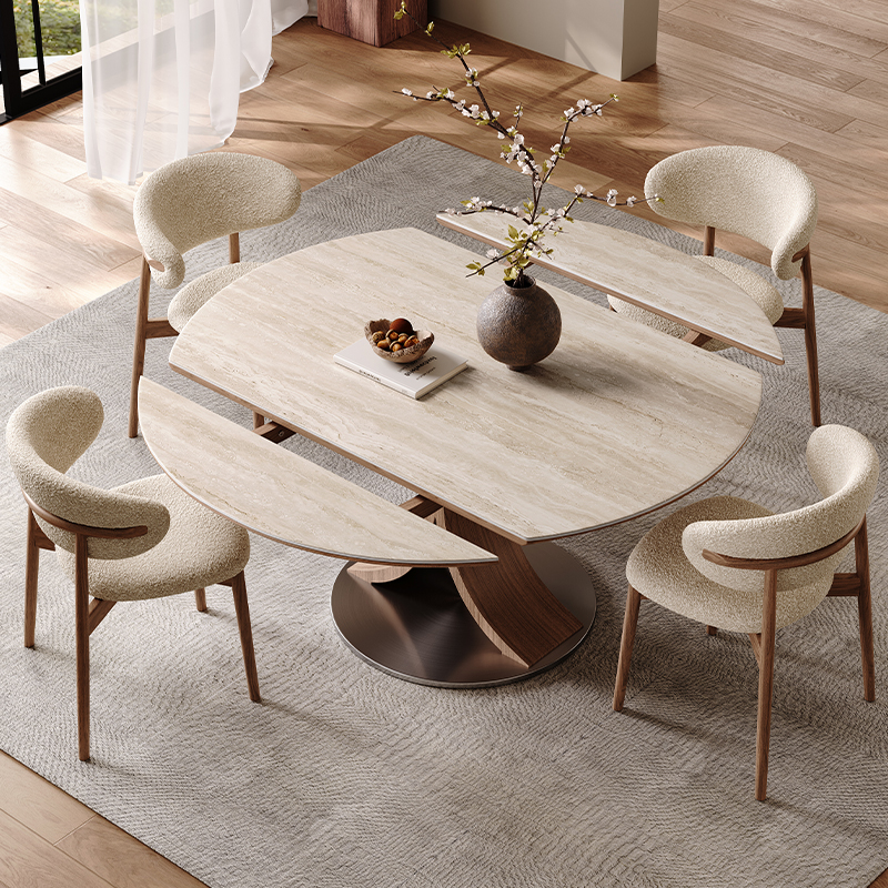 洞石岩板餐桌可变圆桌两用家用小户型意式极简高级感实木伸缩餐桌