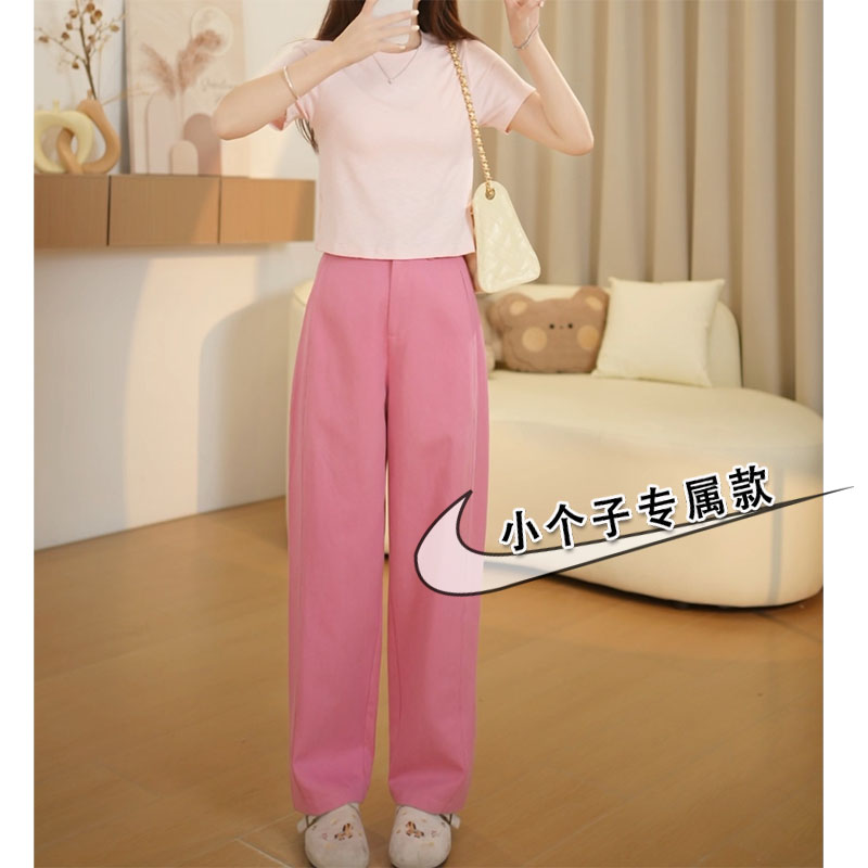小个子玫红色高腰直筒阔腿裤女夏薄款宽松显瘦小众减龄九分长裤xs