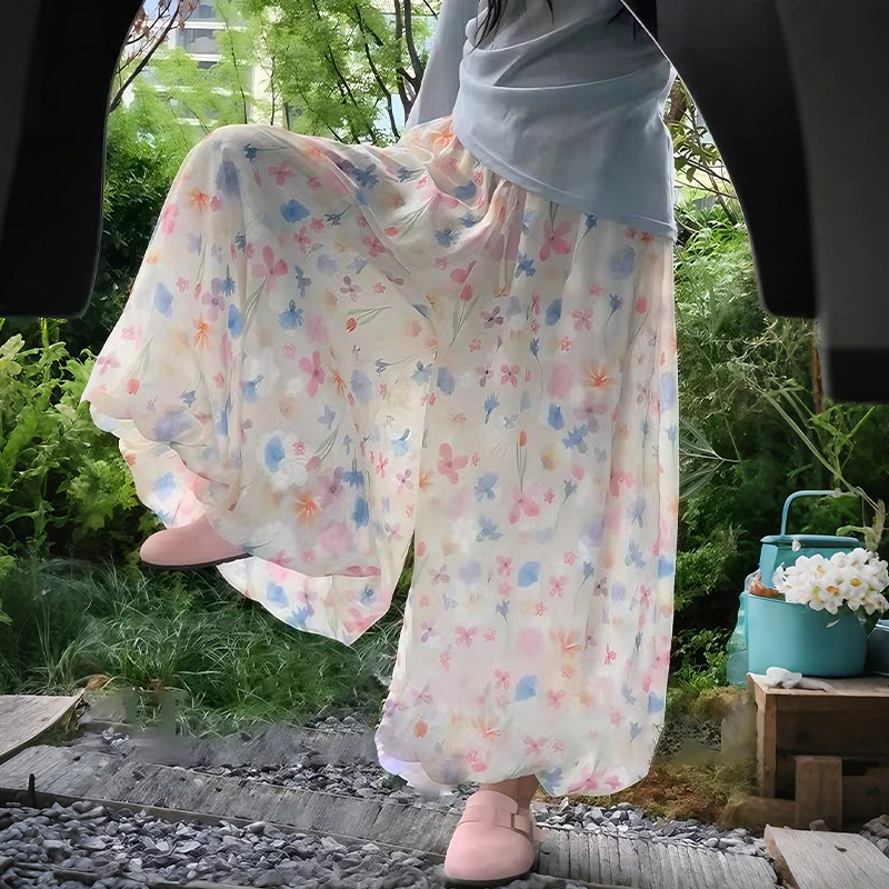 小清新碎花阔腿裙裤女小个子夏季薄款高腰宽松显瘦直筒八分花苞裤