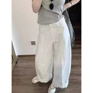 韩版 薄款 145小个子工装 直筒裤 子xxs 白色高腰阔腿裤 休闲长裤 女夏季