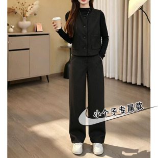 小个子黑色时尚套装女秋冬宽松显瘦百搭马甲打底衫阔腿裤三件套xs