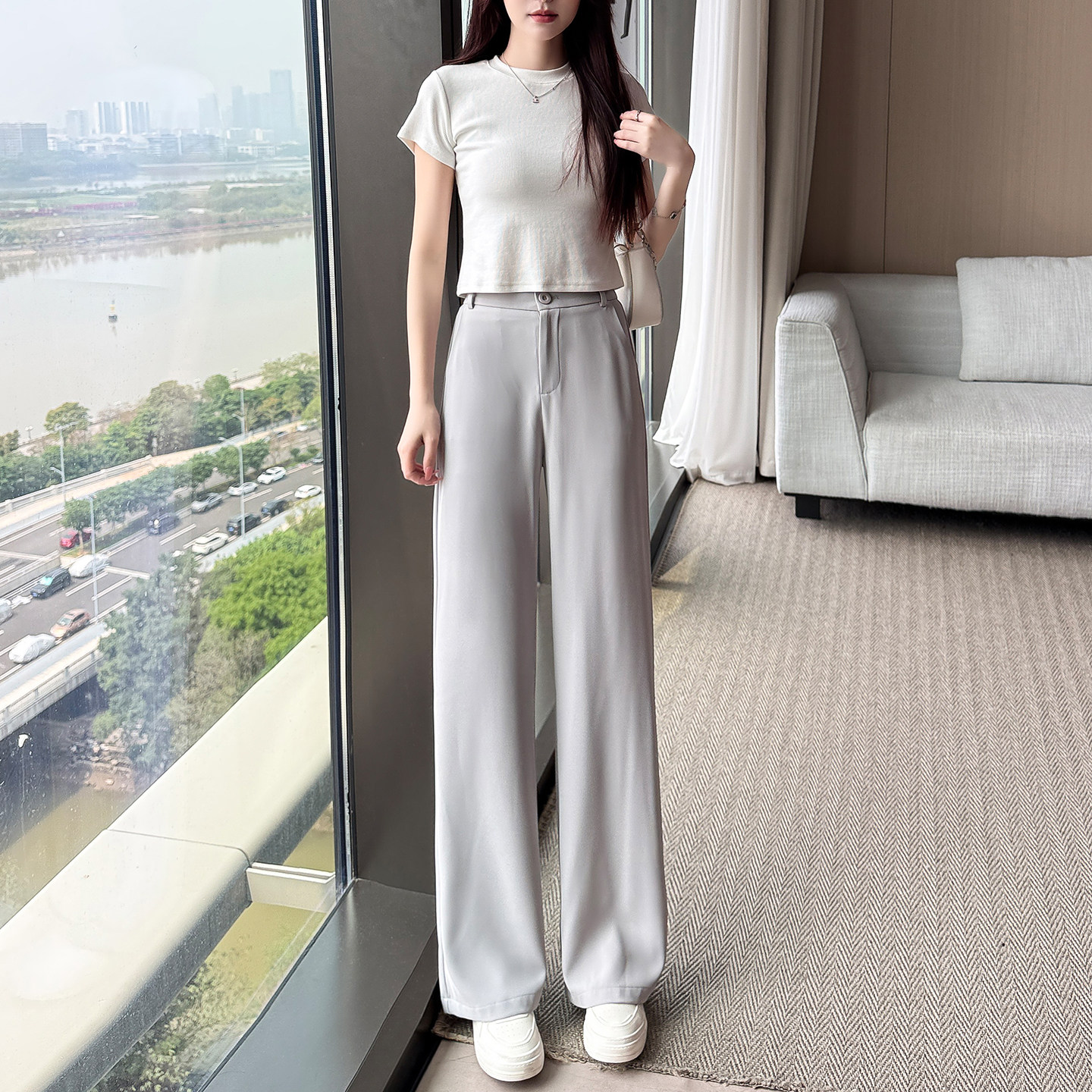 小个子150九分浅灰色休闲直筒西装裤女夏薄款高腰直筒窄版阔腿裤s
