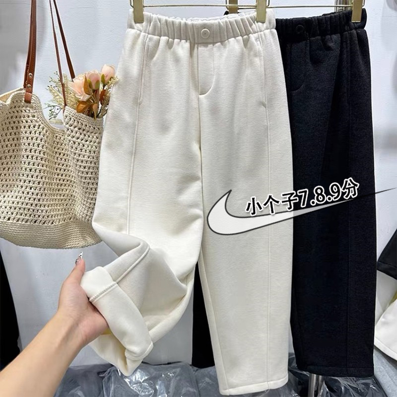 145xxs七分米白色毛呢阔腿裤女秋冬加绒加厚高腰奶奶裤小个子裤子