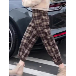 145xxs七分毛呢格子奶奶裤女小个子秋冬2024新款显高腰休闲萝卜裤