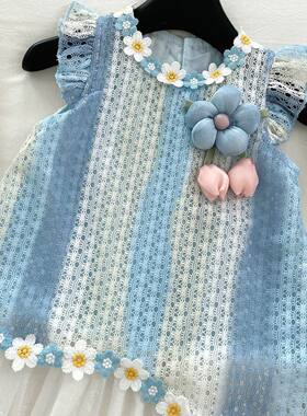 新款2025女小童公主连衣裙夏天女孩度假风花朵网红海边爆款背心裙