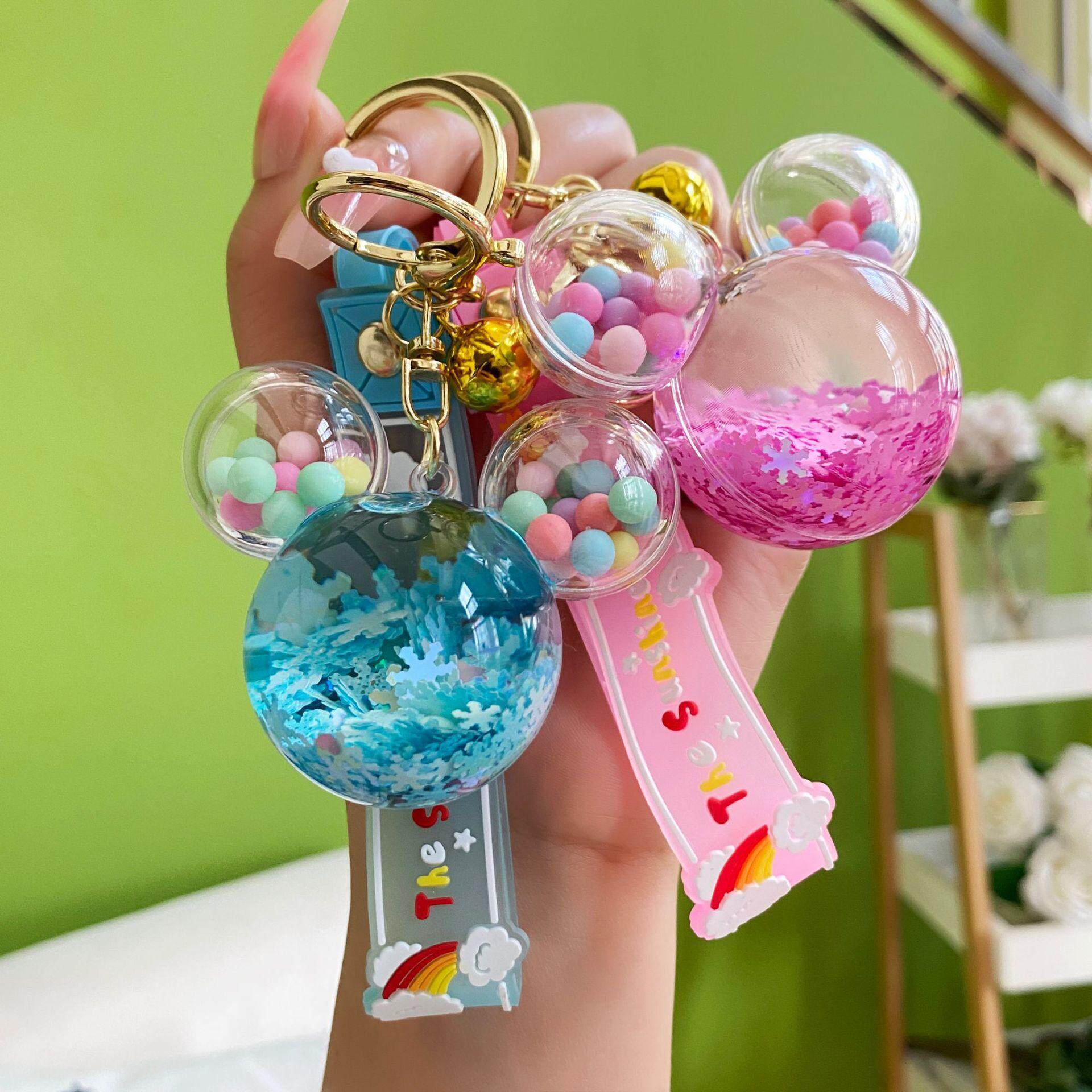 抖音新款米奇头入油液体流沙瓶钥匙链包包挂件书包挂饰小礼品