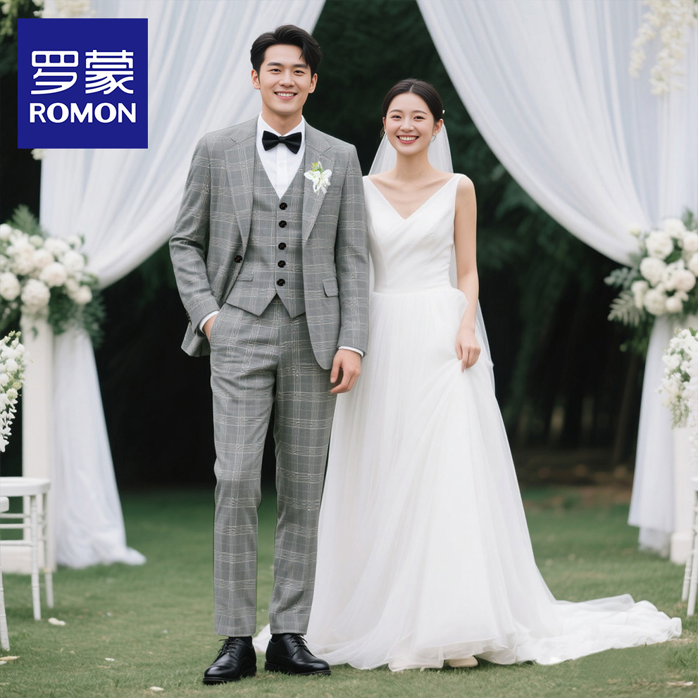 罗蒙男士西服套装韩版修身格子休闲西装婚纱照伴郎新郎结婚礼服NX