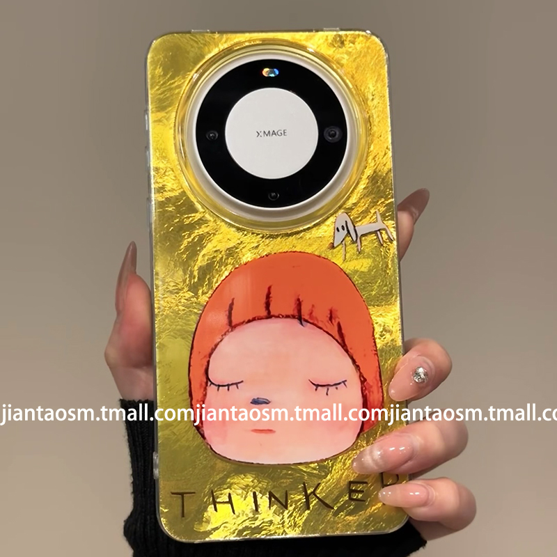 奈良美智女孩适用华为p70pro手机壳pura70女款mate60pro+新款mata60pro防摔保护套外壳金色锡纸纹全包边高级