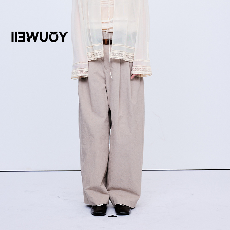 有尾丝棉结子纱双褶低腰阔腿裤