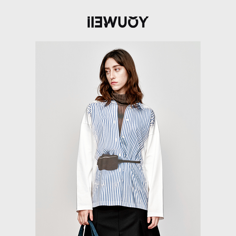 iIEWUOY有尾叠穿定位印花长袖T恤