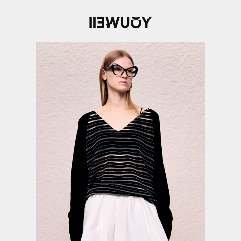 YOUWEI有尾2024秋季条纹透感V领套头衫女针织衫Y2024307,女装/女士精品,毛针织衫,淘宝优惠券,粉丝福利购,淘宝优惠卷