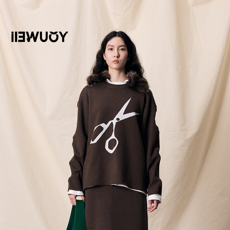 有尾双面提花剪刀鱼骨套头毛衣