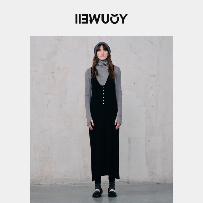 有尾女装深V钉扣毛织背心连衣裙