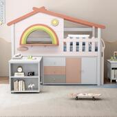 实木儿童床女孩公主床小床书桌书椅衣柜上床下桌多功能组合彩虹床