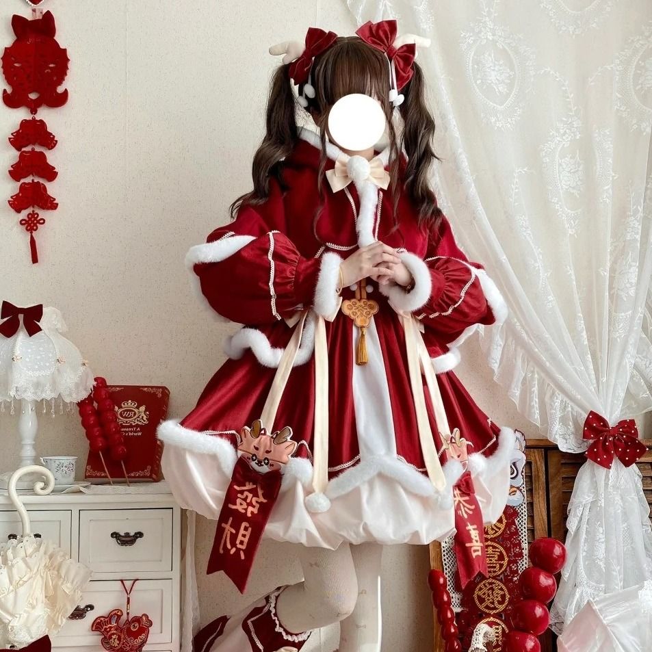 儿童拜年服战袍小福兽洛丽塔蓬蓬裙圣诞节长袖连衣裙新年战衣套装