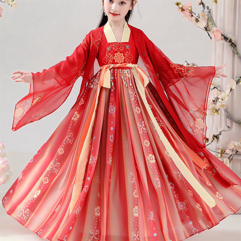 汉服春秋女童连衣裙儿童唐装古风襦裙中国风古典舞演出服超仙薄款
