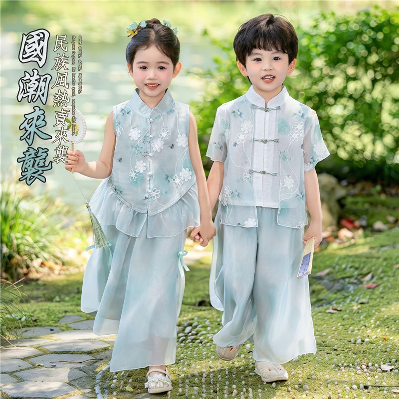 六一儿童节短袖汉服夏季男女童古装盘扣演出服表演服唐装清新古风
