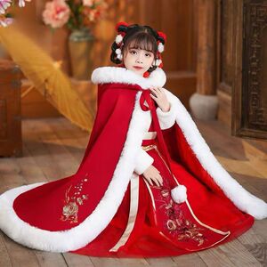女童儿童冬款加绒加厚汉服安可拉红新中式防风古风拜年服保暖披风