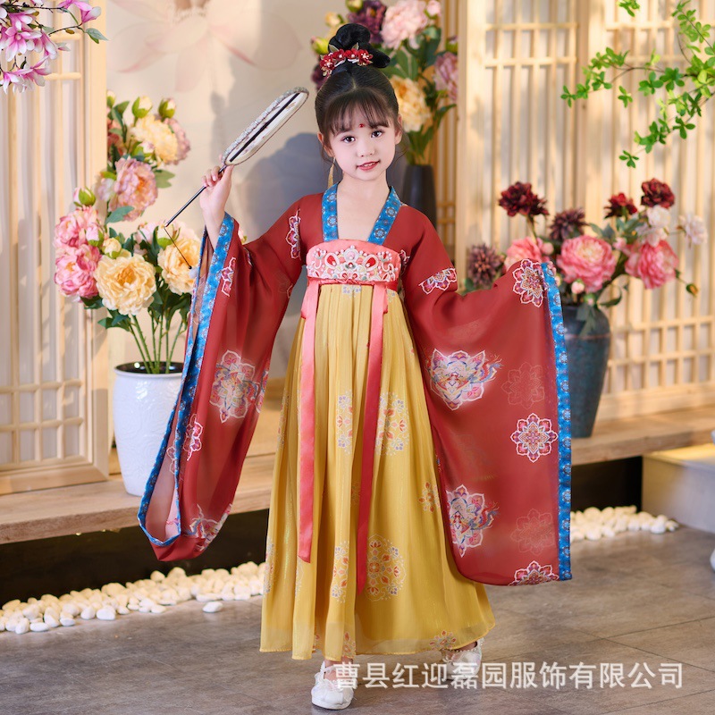 童装春秋汉服女宝唐制大袖衫儿童古装襦裙女童国风舞蹈演出服