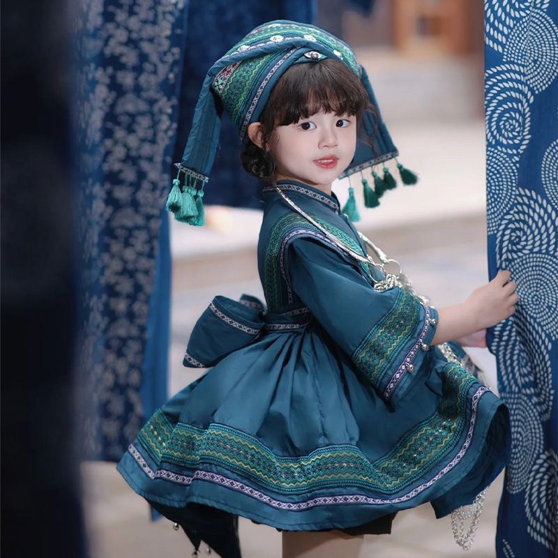 广西壮族三月三民族服装儿童洛丽塔旅拍男女童哈尼苗族表演出服饰