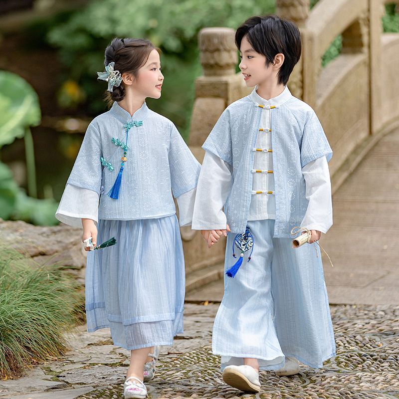 汉服男童春秋国风古装长袖新中式女童唐装亲子装幼儿园开学演出服
