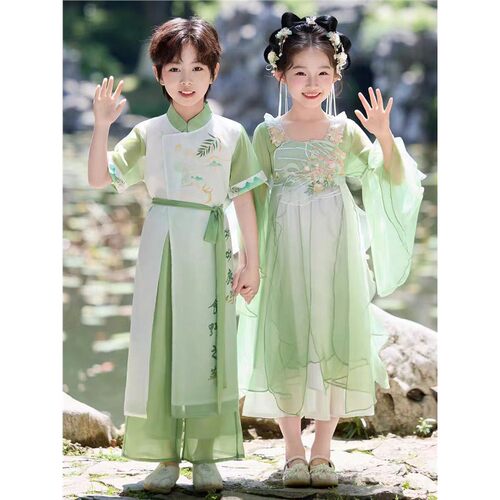 汉服男童夏款2026清新儿童古装国学服唐装女童连衣裙短袖演出服