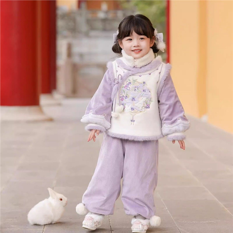 汉服女童冬季2025新款套装古风唐装新中式小女孩加厚拜年服两件套