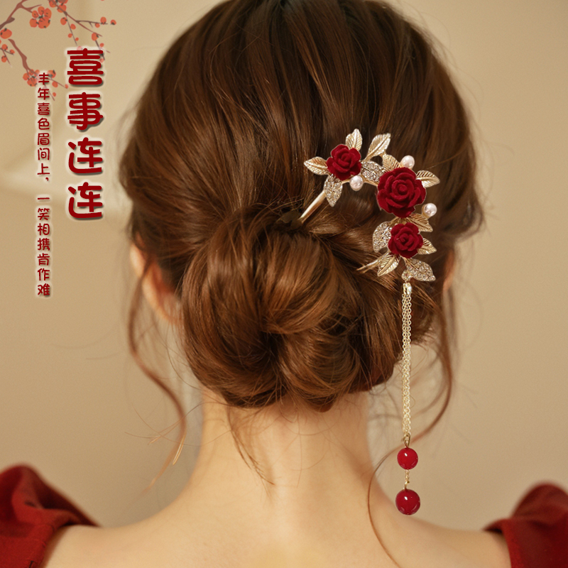 花朵流苏u型发簪女款新中式