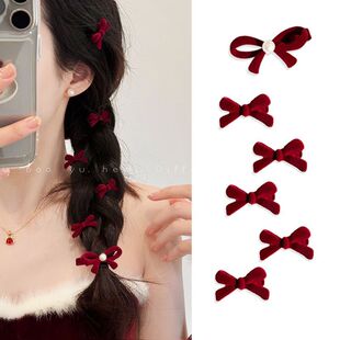 小发夹女秋冬侧边刘海夹鸭嘴夹子头饰发卡红色新年发饰丝绒蝴蝶结