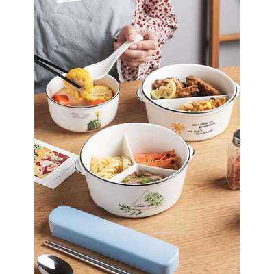 陶瓷分格饭盒便当盒微波炉圆形密封带盖上班族学生带饭保鲜碗
