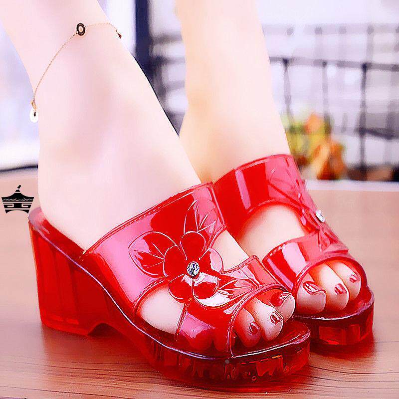 高跟平底耐磨中跟女水晶凉鞋拖鞋 怀旧透明老式80年代妈妈鞋潮流