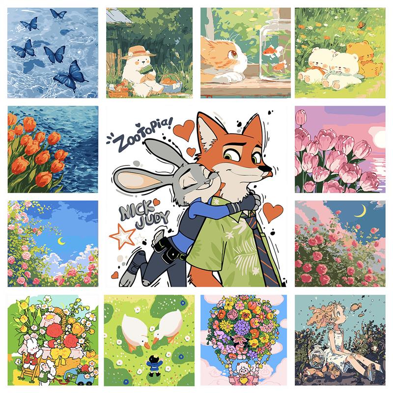 卡通风景数字油画diy儿童填色画2024新款油彩画0基础小学生填充画