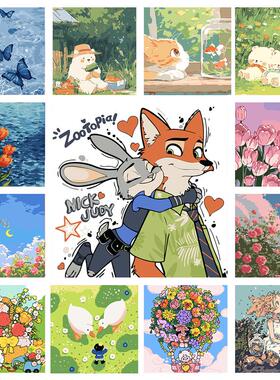 卡通风景数字油画diy儿童填色画2024新款油彩画0基础小学生填充画