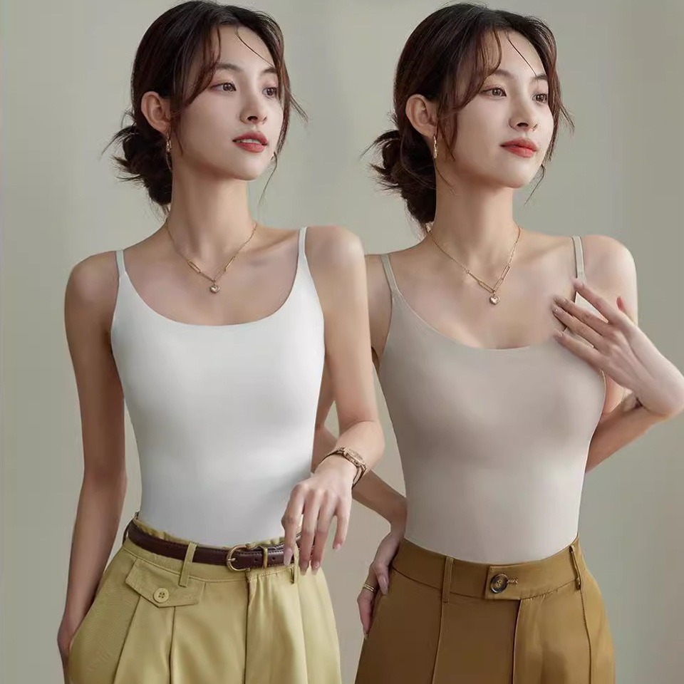 6631无痕冰丝吊带背心女带胸垫内搭美背加长打底外穿长款上衣薄款
