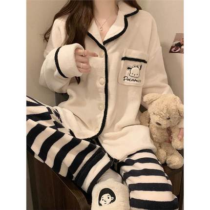 珊瑚绒睡衣女款加厚春秋冬季2024年新款可爱卡通法兰绒家居服套装