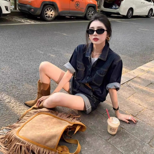 搭配一整套女装 新款 夏装 2025夏季 牛仔连衣短裤 冷淡风盐系穿搭套装