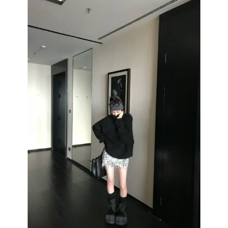 黑色宽松高领针织衫毛衣亮片短裙