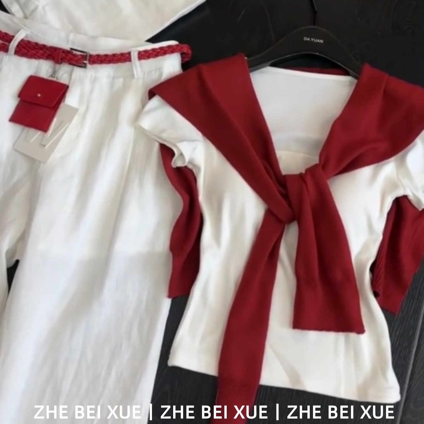 套装女夏季新款韩系简约气质白色短袖t恤红色披肩高腰休闲阔腿裤