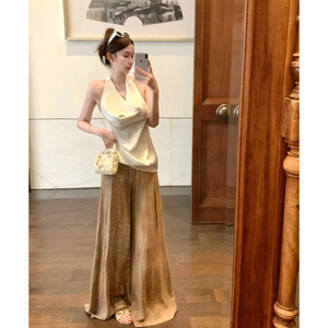 夏季套装女气质高级感挂脖露背上衣无袖露肩背心高腰垂感阔腿长裤